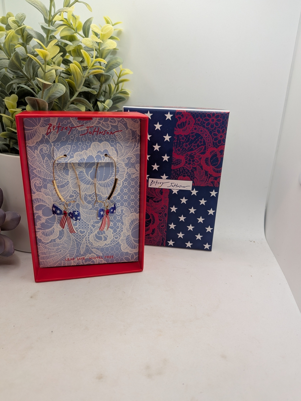 Betsey Johnson Red, White & Blue Star Ribbon Hoop Earrings